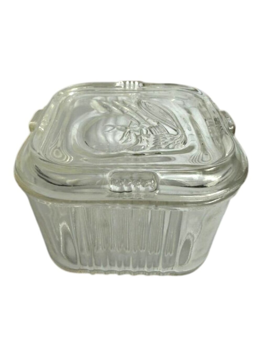 Federal Glass Clear Refrigerator Dish Ribbed Embossed Vegetable on Lid 4in